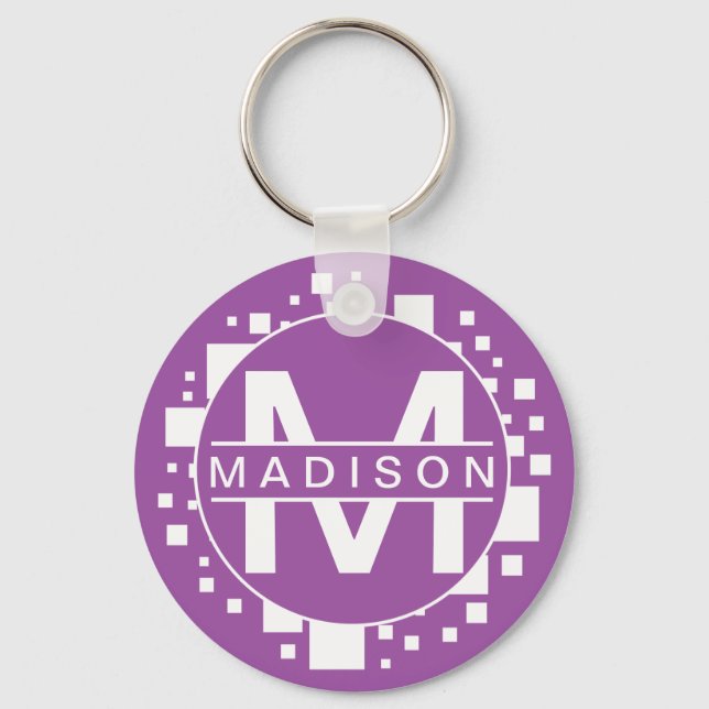 Monogram White Purple Initials Art Squares Circle  Keychain (Front)