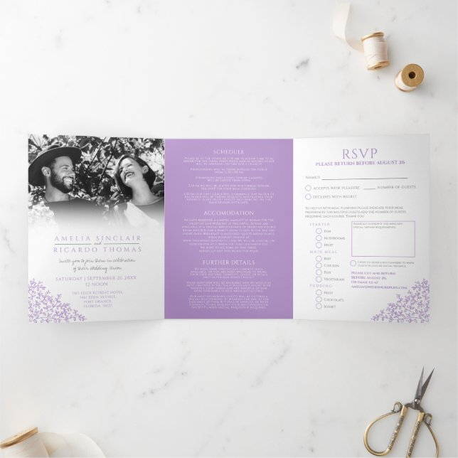 Monogram white purple leaves wedding all-in-one Tri-Fold invitation (Inside)