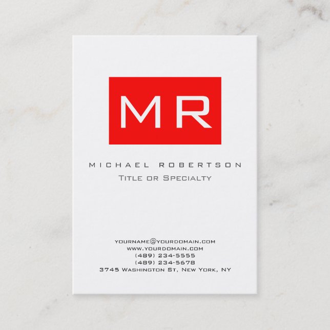 Monogram White Red Stripe Chubby Business Card (Front)