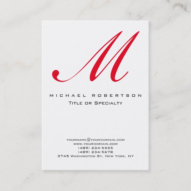 Monogram White Red Unique Chubby Business Card (Front)