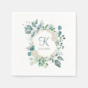 Monogram White Roses Greenery Eucalyptus Wedding  Napkin