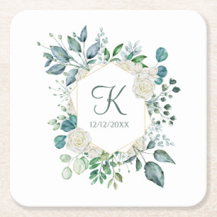 Monogram White Roses Greenery Eucalyptus Wedding Square Paper Coaster
