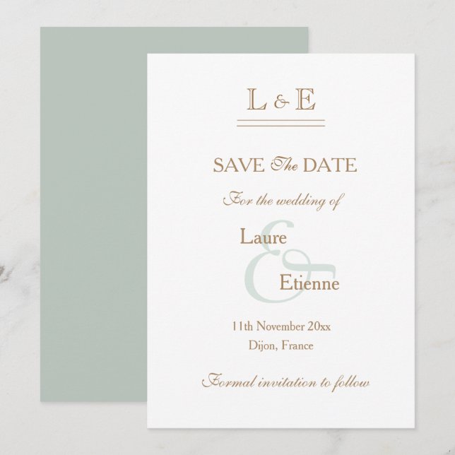 Monogram White Sage Gold Ampersand Save The Date Invitation (Front/Back)