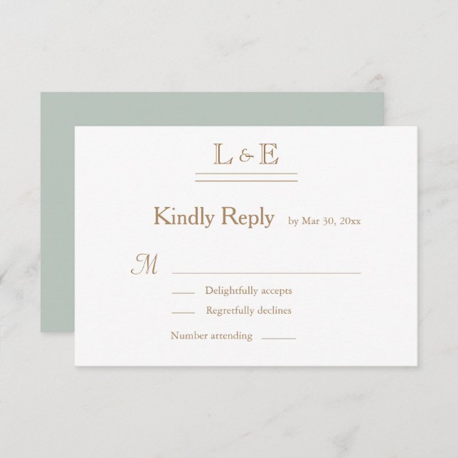 Monogram White Sage Gold Ampersand Wedding RSVP Invitation (Front/Back)