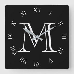 Monogram White Script Roman Numbers On Black wccn Square Wall Clock
