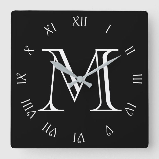Monogram White Script Roman Numbers On Black wct Square Wall Clock (Front)