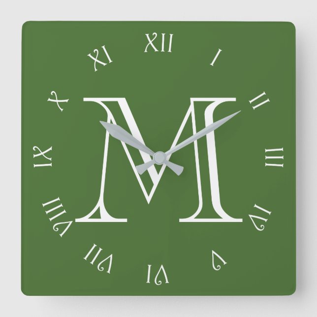 Monogram White Script Roman Numbers On Green wccnt Square Wall Clock (Front)