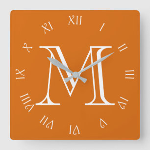 Monogram White Script Roman Numbers On Orange wccn Square Wall Clock