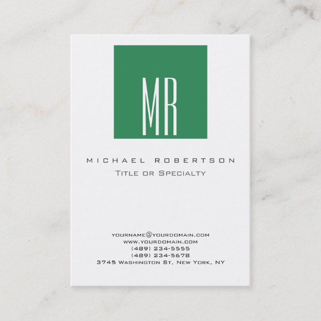 Monogram White Sea Green Chubby Business Card (Front)