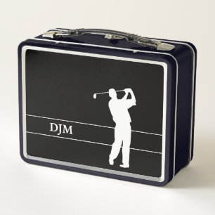 Monogram White Silhouette Golfer on Black Metal Lunch Box