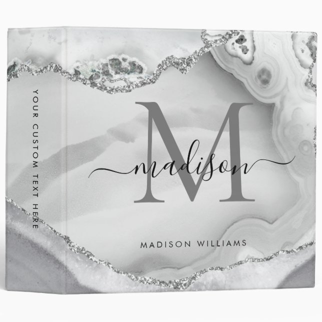 Monogram White Silver Agate Geode Marble School 3  Binder (Front/Spine)