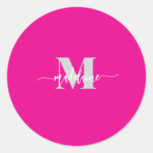 Monogram White Silver Pink Personal Classic Round Sticker