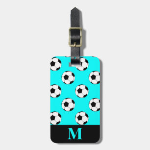 Monogram White Soccer Football Balls, Aqua Blue Luggage Tag