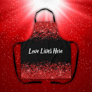Monogram - White text on black with red glitter   Apron