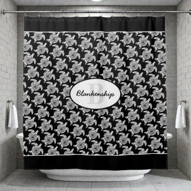 Monogram White Tribal Turtle Pattern Over Black (Turtle pattern with monogram and name black and white shower curtain in bathroom )