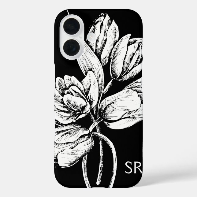 Monogram White Tulips on Black Case-Mate iPhone Case (Back)