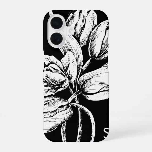 Monogram White Tulips on Black iPhone 16 Case (Back)