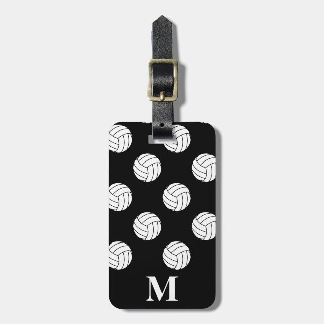 Monogram White Volleyball Balls, Black Luggage Tag (Front Vertical)