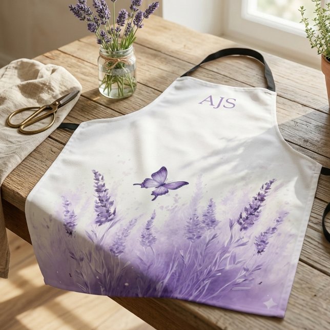 Monogram Wildflower Butterfly Lavender Floral Apron (Monogram lavender wildflower and butterfly design — perfect birthday gift idea for her.)