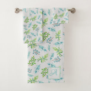 Monogram Wildflowers Blue Green Wedding Decor Bath Towel Set