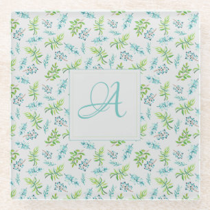 Monogram Wildflowers Blue Green Wedding Decor Glass Coaster
