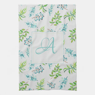 Monogram Wildflowers Blue Green Wedding Decor Kitchen Towel