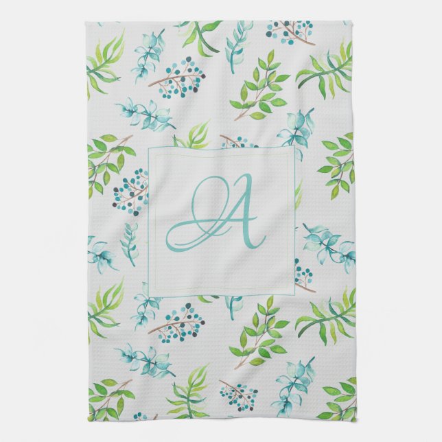 Monogram Wildflowers Blue Green Wedding Decor Kitchen Towel (Vertical)