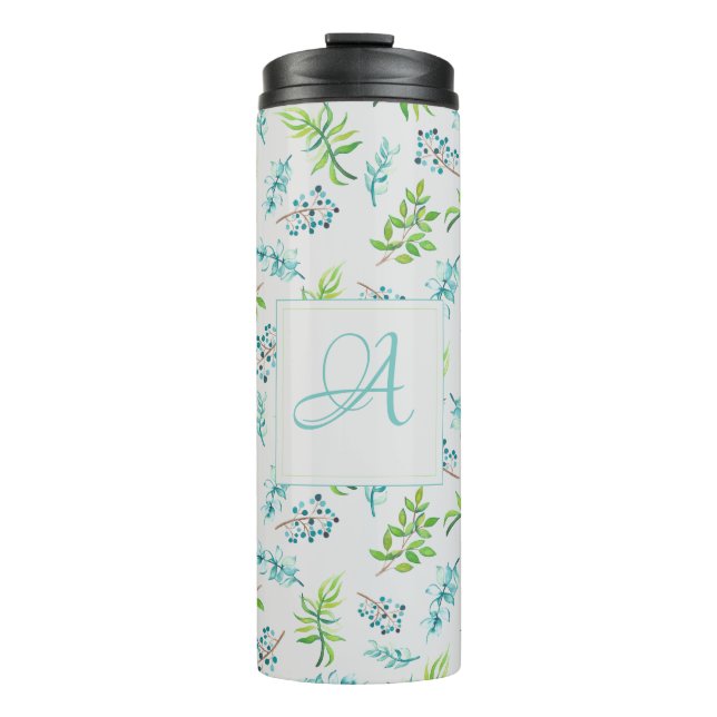 Monogram Wildflowers Blue Green Wedding Decor Thermal Tumbler (Front)