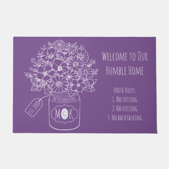 Monogram Wildflowers Bouquet Hand-Drawn Mason Jar Doormat (Front)