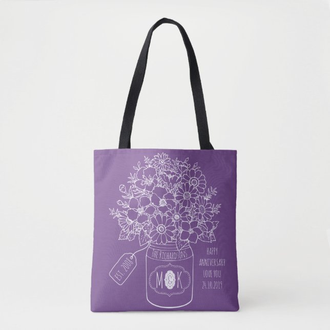 Monogram Wildflowers Bouquet Hand-Drawn Mason Jar Tote Bag (Front)