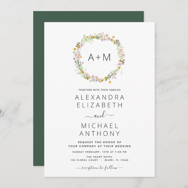 Monogram Wildflowers Emerald Green Wedding Invitation (Front/Back)