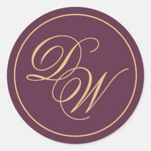 Monogram Wine Colour 2 Initials Golden Calligraphy Classic Round Sticker