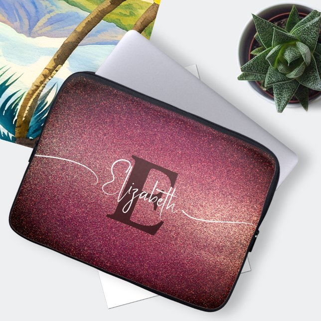 Monogram Wine Red Glitter Girly Glam Laptop Sleeve (Creator Uploaded)
