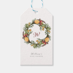 Monogram Winter Christmas Wreath Baby Shower Gift Tags