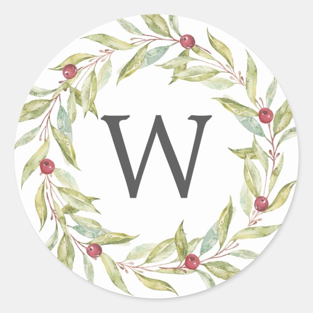 Monogram Winter Greenery Leaves Berries Christmas Classic Round Sticker (Front)