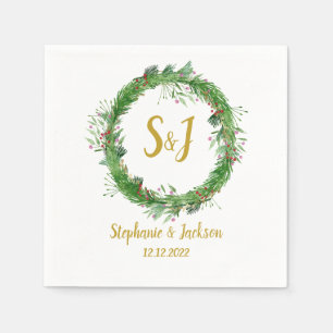 Monogram   Winter Greenery Wreath  Wedding Napkin