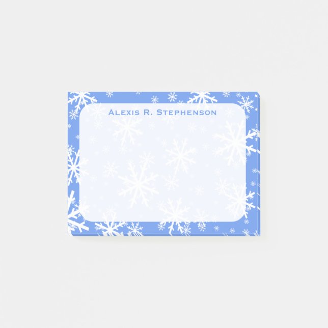 Monogram Winter Snowflakes on Cornflower Blue Post-it Notes (Front)