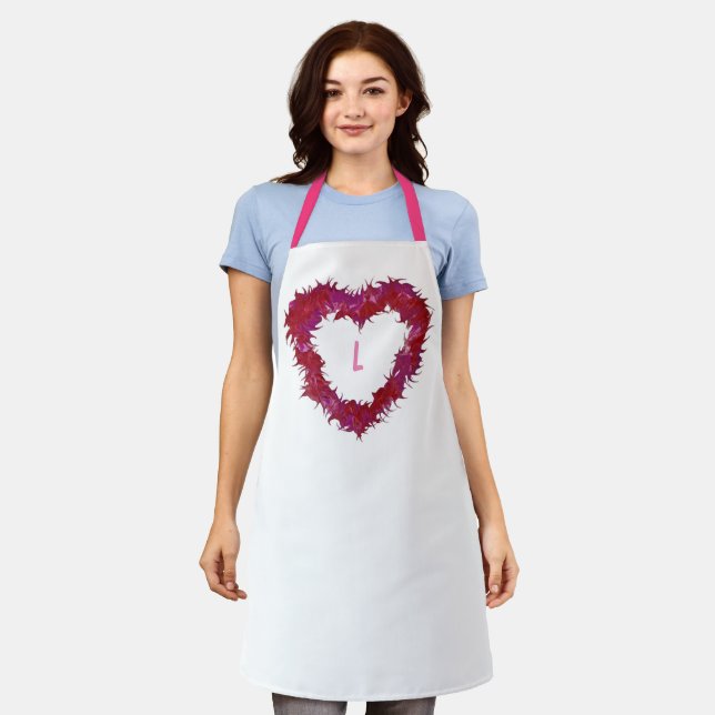 Monogram Wispy Red Pink Purple Heart on White Apron (Worn)
