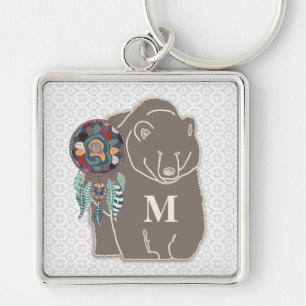 Monogram with Bear in Brown Native American Theme Keychain