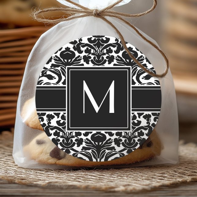 Monogram with Black and White Damask Classic Round Sticker (Personalized Sticker)