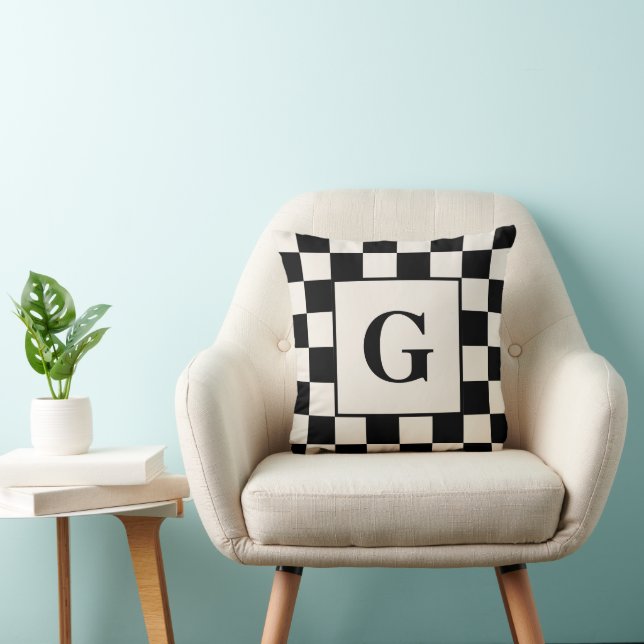 Monogram with Black Cream Chequered Border Throw Pillow (Chair)