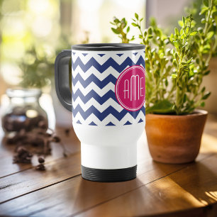 Monogram with Chevron Pattern - Navy Magenta Travel Mug