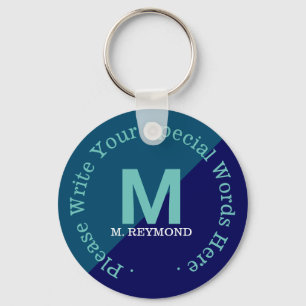 monogram with custom text on two tone blue keychain