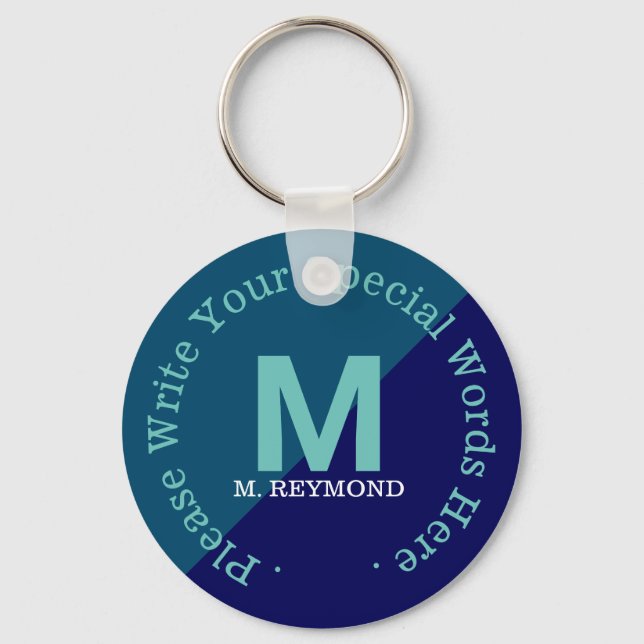 monogram with custom text on two tone blue keychain (Front)