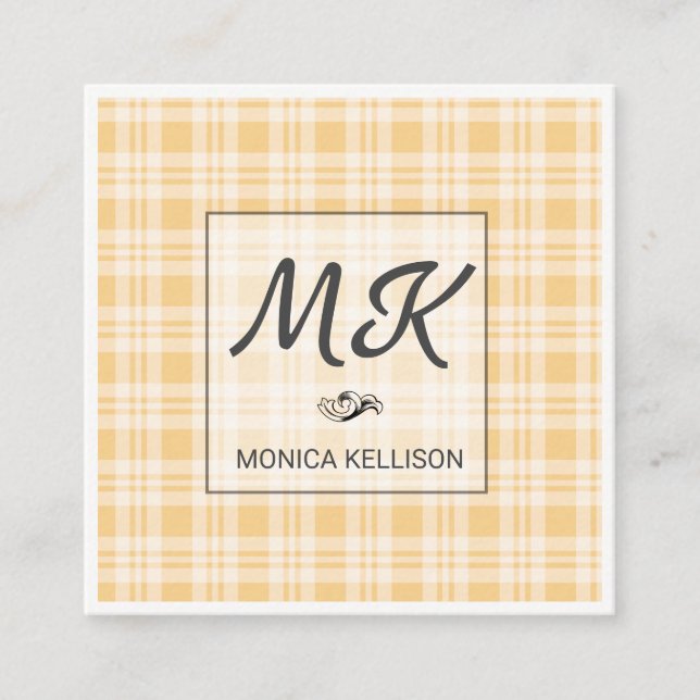 Monogram with Flannel Pattern Square Business Card (Front)