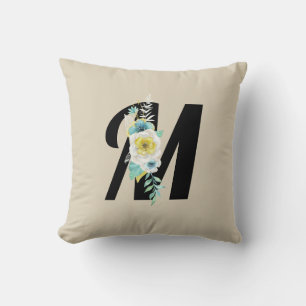 Monogram with Floral Spray in Aqua and White Throw Pillow