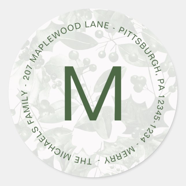 Monogram with Holiday Botanical Pattern Address Classic Round Sticker (Front)