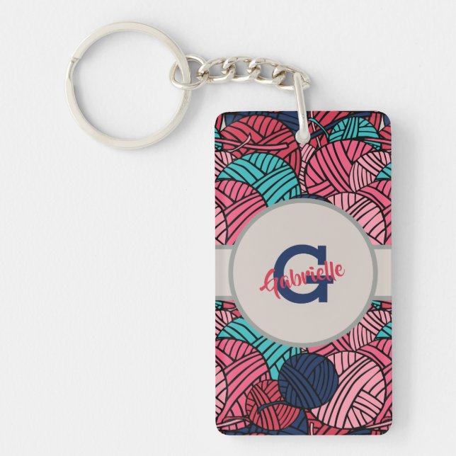 Monogram with Knitting Balls of Yarn Keychain (Front)