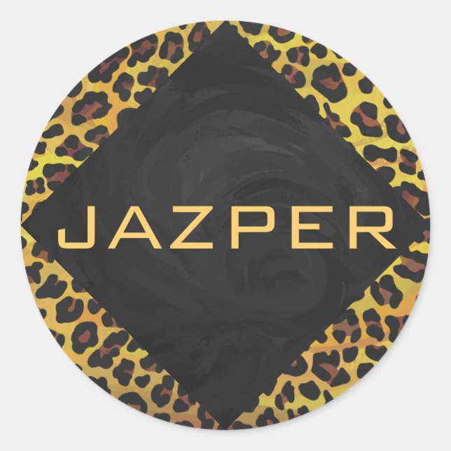 Monogram with Leopard Brown and Yellow Classic Round Sticker (Front)