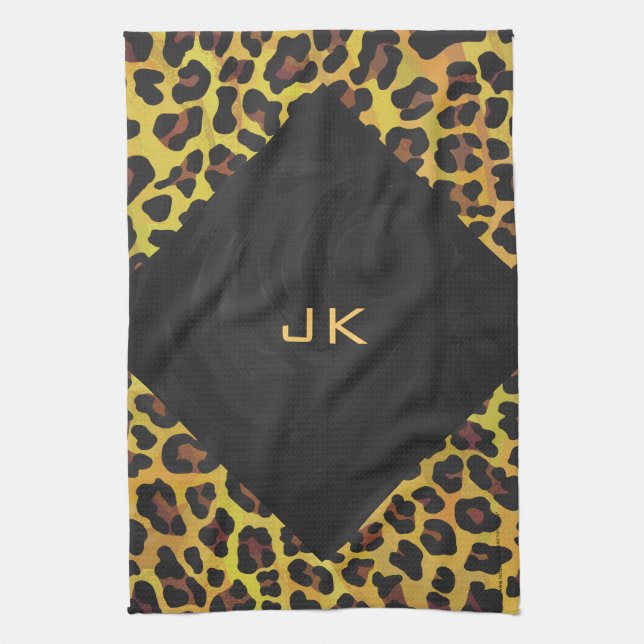 Monogram with Leopard Brown and Yellow Kitchen Towel (Vertical)
